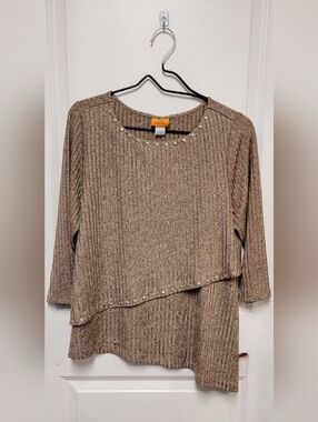 Ruby Rd. Gold Shimmer Rivet Trim Long Sleeve Knit Bouse